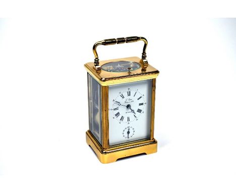 L'Epee, a contemporary French Garrard retailed lacquered brass hour repeat carriage clock, 14 cm h