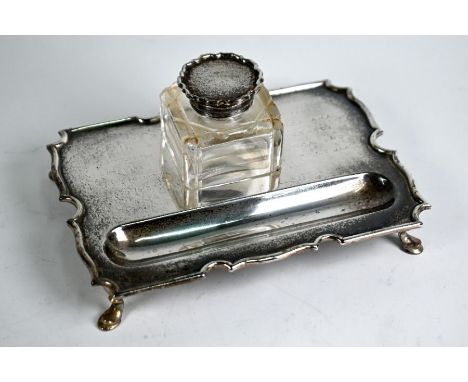 A silver inkstand with cut glass inkwell, on hoof feet,&nbsp; London 1911, 7.1oz (net of glass), 17cm widepresentation engrav