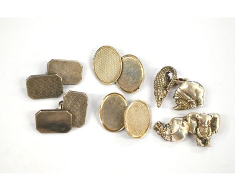 A pair of silver Mavros animalia chain linked cufflinks depicting hippo, elephant, rhino and alligator to/w two pairs of silv