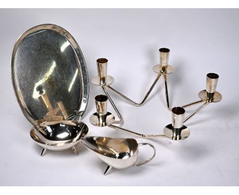 A mid 20th Century Berg.Denmark Silverplate five-sconce candle-holder of star form and a WMF ovoid cream and sugar pair on st