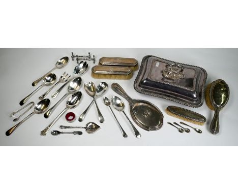 A silver-backed brush set, to/w an electroplated entrée dish and cover, various flatware, knife-rests, etc.