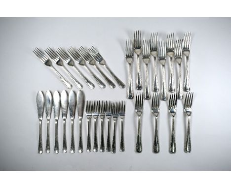 A part-set of heavy quality silver flatware with decorative borders, comprising twelve table fork, six dessert forks and six 