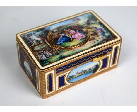 An antique German gilt metal and enamel singing bird music box, the top painted with rural scene of men courting a young woma