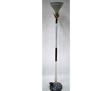 A vintage opalescent glass standard lamp with brass mounted three bulb fitting and uplighter, 180 cm high overallShade is met