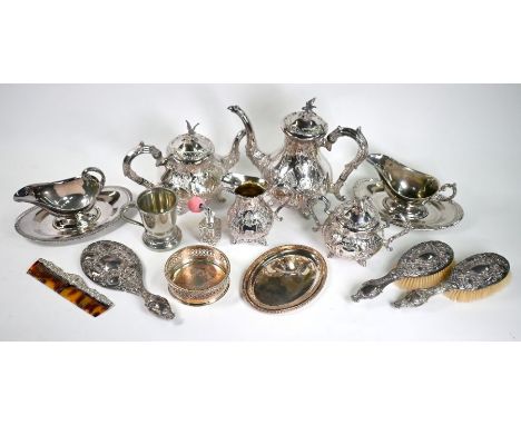 A Victorian EPBM four-piece tea/coffee service and other plated items, silver brushes, etc. (box)