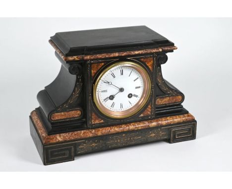 A late Victorian slate/marble mantel clock, the two train 8-day Japy Freres movement striking the hours and half hours on a b