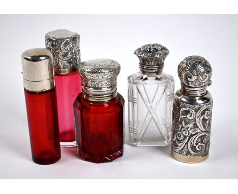 A Victorian floral-chased silver scent flask with hinged bun top and glass liner with stopper, CC May &amp; Sons, Birmingham 