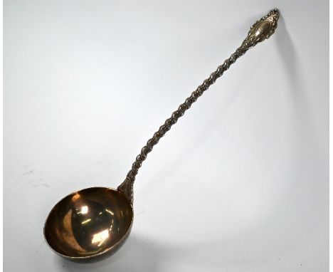 A heavy quality Victorian silver soup ladle with ornate twist stem, Francis Higgins, London 1860, 8.7oz (270g)
