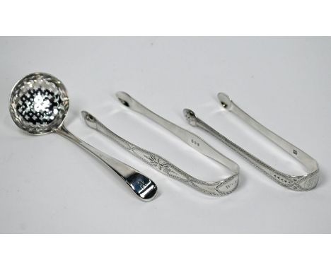 A pair of George III silver bright-cut sugar tongs, Peter &amp; Ann Bateman, London 1799, to/w a smaller pair, Thomas Evans (