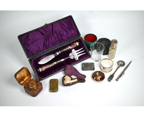 Various collectables, including Victorian silver-topped cut glass smelling salts bottle, silver napkin ring, Meerschaum pipe 