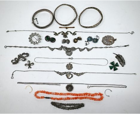 A row of antique coral beads, a collection of marcasite jewellery, a Maltese cross set malachite, bar brooch, silver half-eng