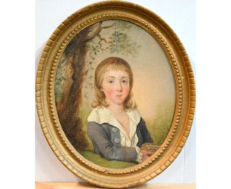 English school - Portrait of a young boy, oil on panel, 28 x 22 cm (oval)Repaired