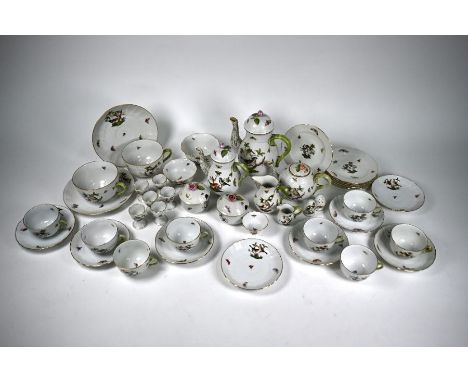 A Herend Rothschild pattern part breakfast service, comprising large and small coffee pots and tea pot, two preserve pots and