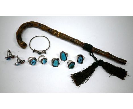 Eight various Navajo reservation turquoise-set white metal rings to/w a twisted turquoise and seed pearl set bangle and a tho