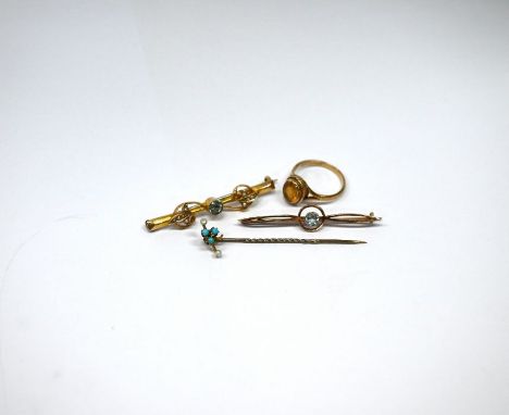 Two Edwardian 9ct gold bar brooches, a cased seed pearl and turquoise stick pin, and an oval citrine set ring, 9ct yellow gol