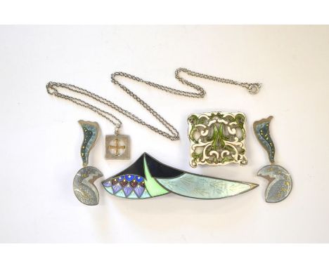A silver and polychrome enamel stylised brooch, and a pair of contemporary enamel earrings, maker AJH; a green and white enam