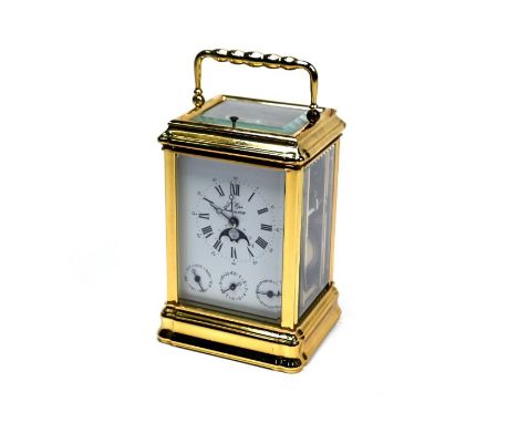 L'Epee, a contemporary French lacquered brass calendar carriage clock, with moonphase dial, alarm and and hour repeat, 15 cm 