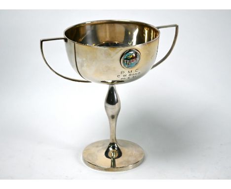 Motorcycling: silver trophy cup applied with enamel 'Triumph' globe boss and engraved 'P.M.C. C.W. Bond 20.9.31', Fattorini &