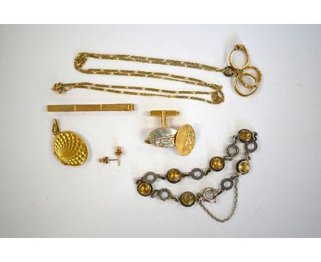 Mixed items including a 9ct chain with three small 'ring' charms attached; a pair of oval 9ct swivel type cufflinks, pair of 