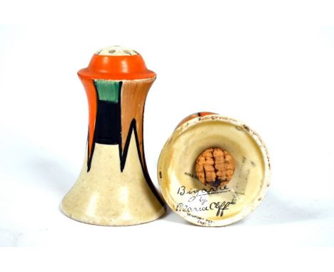 A pair of Clarice Cliff Original Bizarre pepper pots of waisted form with geometric design, 7.5 cm to/w a 'Crocus' tea plate,