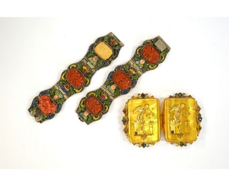 A Chinese cinnabar bead and enamel bracelet a/f and a pair of Czechoslovakian buckles featuring classical scene on mother of 