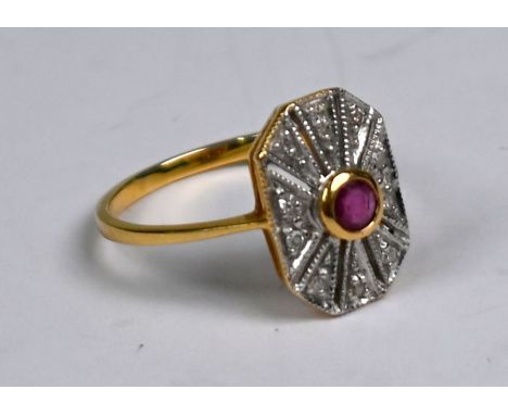 An Art Deco style diamond plaque ring with central circular ruby, 18ct yellow gold set, size N, 3g