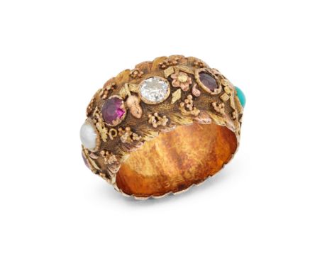 An early 19th century gem set band ring, the three colour gold band set with assorted gemstones to include diamond, turquoise
