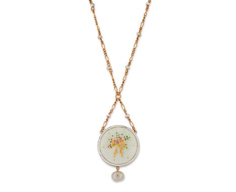 An enamel and pearl pendant, with gilt bow and floral spray to pale green guilloché enamel ground, with glazed panel verso, s