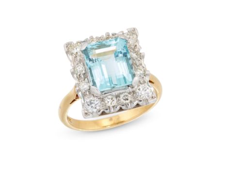 An aquamarine and diamond cluster ring,&nbsp;the rectangular step cut aquamarine within brilliant cut diamond surround, to pl