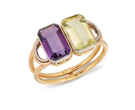 An amethyst and citrine hinged bangle, with a rectangular step cut amethyst and citrine, each approximately 30 x 18mm, bezel 