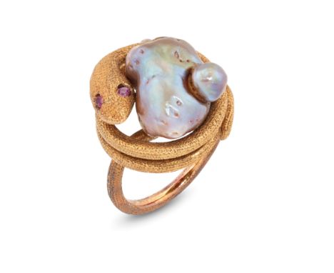 A 20th century ruby and pearl snake ring, with a large cultured freshwater baroque pearl within textured coiled snake surroun