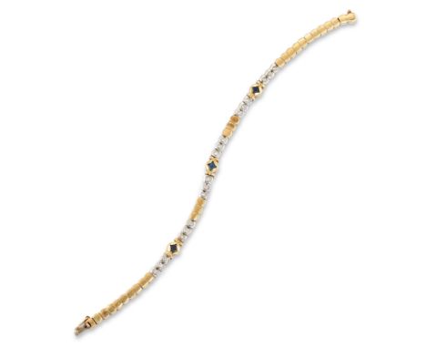 A sapphire and diamond bracelet, with step cut sapphire and brilliant cut diamond set links, and plain polished links, to box