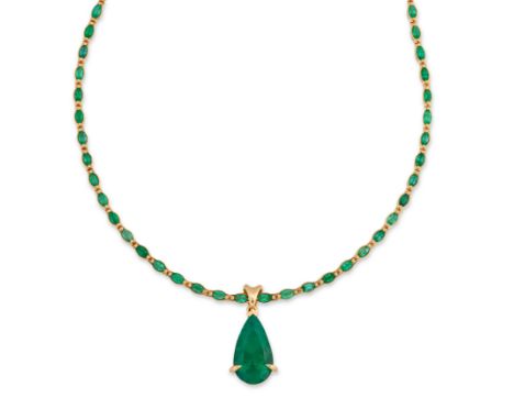 An emerald necklace,&nbsp;composed of a pear mixed cut emerald pendant, the emerald measuring approximately 16.8 x 9.7mm, in 