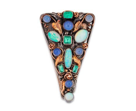 Mary Thew (1876-1953). An Arts & Crafts Scottish silver opal, emerald and blue agate clip brooch, attributed to Mary Thew, of