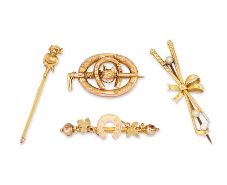 A group of sporting brooches,&nbsp;comprising: a pearl set brooch in the form of crossed golf clubs; a 9ct gold horseshoe bar