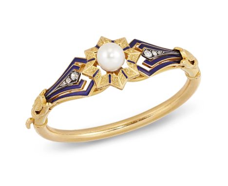 A cultured pearl, diamond and enamel bangle,&nbsp;the half-hinged hoop with star shaped front section motif set with a single