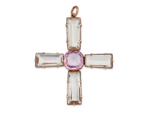 A 19th century pink topaz and rock crystal cruciform pendant,&nbsp;the cushion shaped pink topaz to tapering step cut rock cr