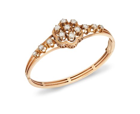 A late 19th century diamond hinged bangle, a central cluster of rose cut diamonds in closed back settings, to diamond set sho