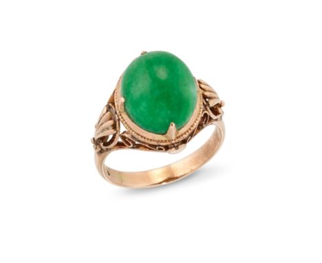 A 20th century gold, jadeite jade single stone ring,&nbsp;the single oval cabochon jade in four claw mount, circa 1940, ring 