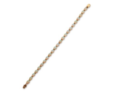 An opal line bracelet,&nbsp;with a row of oval cabochon opals end set to articulated collets, with box catch, stamped 14k 585