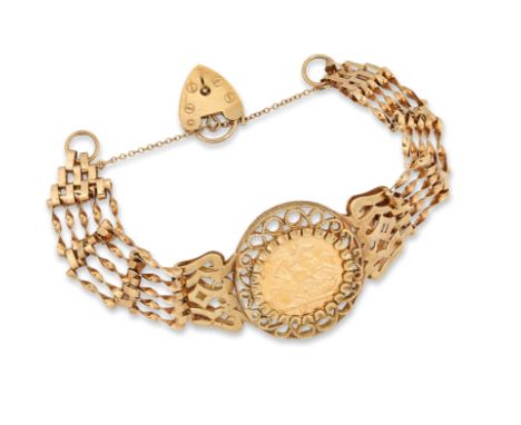 A sovereign mounted bracelet, an Elizabeth II gold sovereign dated 1963, bezel set to a 9ct gold gate link bracelet with padl