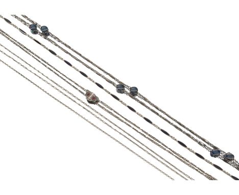 A group of five silver chains,&nbsp;comprising: an early 20th century figaro link guard chain with swivel clasp and paste set