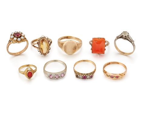A group of nine rings,&nbsp;including: a garnet and half-pearl cluster ring; a diamond and ruby five stone cluster ring, (one