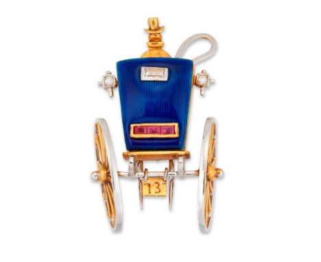 A diamond, ruby and enamel coach brooch, the blue enamel carriage with ruby and baguette cut diamond accents, and brilliant c