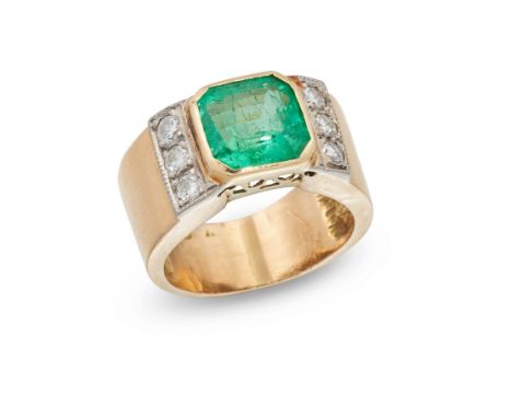 An emerald and diamond ring, the square step cut emerald with an estimated weight of approximately 2.7 carats, in bezel setti