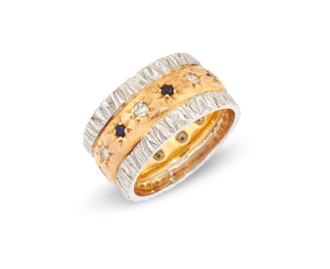 A two colour sapphire and diamond band ring, the central gold band star set with alternating sapphires and single cut diamond