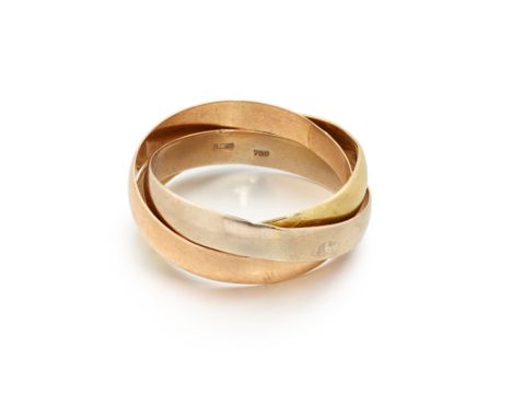 A three colour gold triple band ring, with rose, white and yellow interlinked hoops, stamped 750, Italian assay marks, ring s