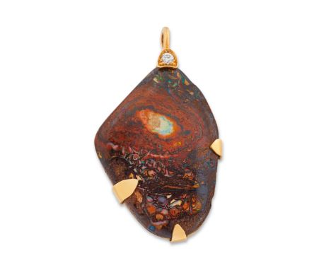 Andrew Grima. An 18ct gold boulder opal and diamond pendant, the freeform boulder opal in claw setting with brilliant cut dia