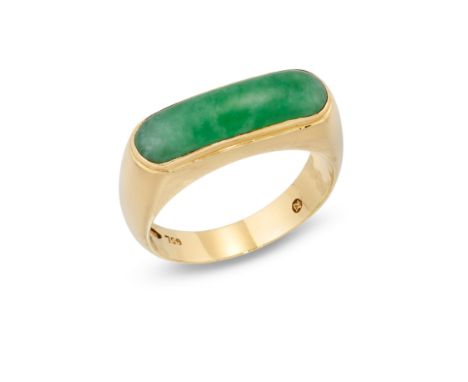 A single stone jadeite jade ring,&nbsp;the cabochon jadeite in bezel setting to tapering shoulders and plain hoop, stamped 75