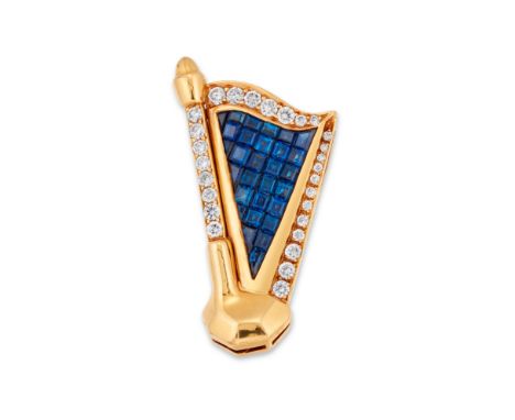 A sapphire and diamond set brooch, in the form of a harp, with invisibly set sapphire panel and brilliant cut diamond set fra